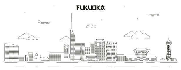 Fukuoka skyline line art vector illustration - 621635524