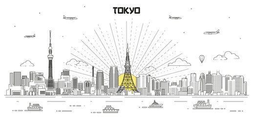 Tokyo skyline line art vector illustration