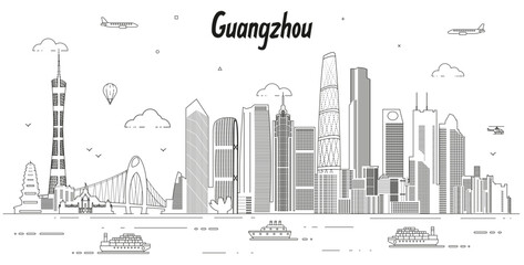 Guangzhou skyline line art vector illustration - obrazy, fototapety, plakaty