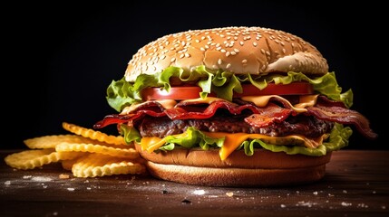  a hamburger with bacon, lettuce, tomato and cheese.  generative ai