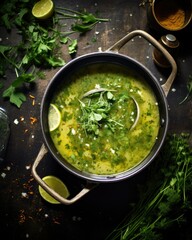 an overhead shot of a pot of soup with, generative ai