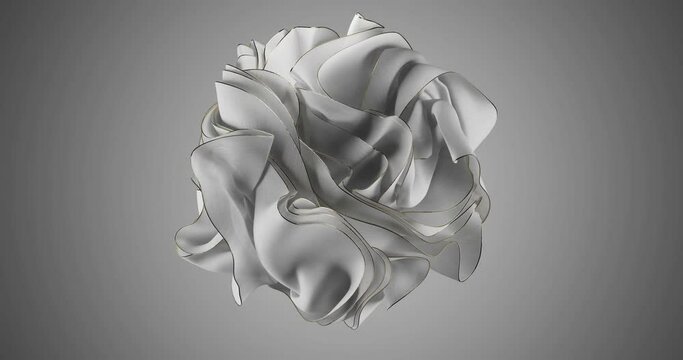3D background. Flying cloth. white textile flying on gray backdrop. abstract shape with gold elements, animation in 4K. Seamless 3D loop video.