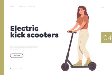 Electric kick scooter landing page design template with cartoon woman riding eco transport
