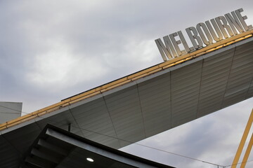 MELBOURNE lettering on a shed-like roof of the entrance to a building at Southbank suburb....