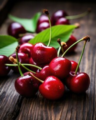 a handful of ripe cherries with stems on a, generative ai