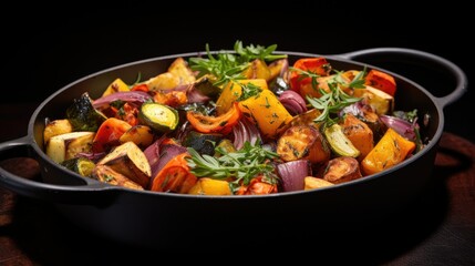 a pan filled with roasted vegetables shot from an, generative ai