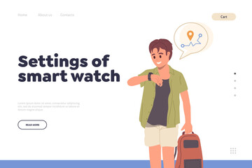 Setting of smart watch concept for landing page template with happy teenager boy using wristwatch