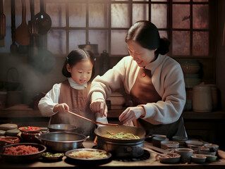 Korean mother with her child daughter cooking overnight in her home kitchen