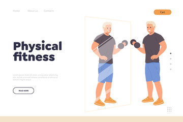 Physical fitness concept for landing page design template with athletic man training using dumbbells