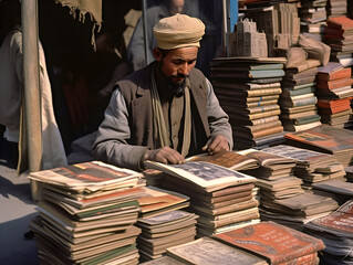 Arab merchant from Afghanistan selling books at street market Kabul