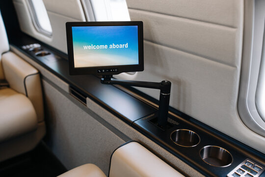 Private business jet interior control panel monitor and multimedia screen