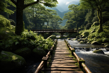 Explore the tranquility of a wooden bridge amidst a forest, inviting you to take a peaceful stroll surrounded by nature's beauty.Generative Ai, Ai.
