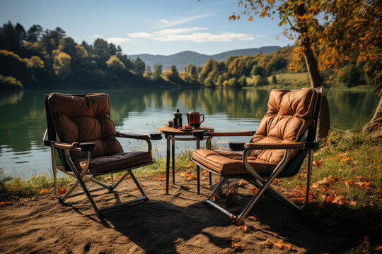 Settle into relaxation with camping chairs placed amidst nature, offering a comfortable and inviting space to unwind and enjoy the great outdoors. Generative Ai, Ai.