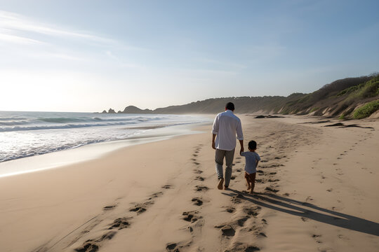 Latino father and son walking on the beach sharing time together and demonstrating sense of fatherhood