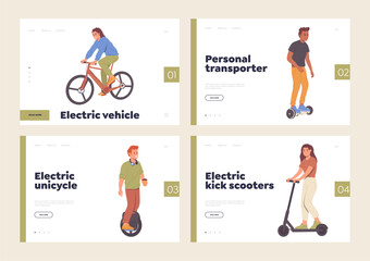 Isolated set of landing page design template with men and women riding on different eco transport