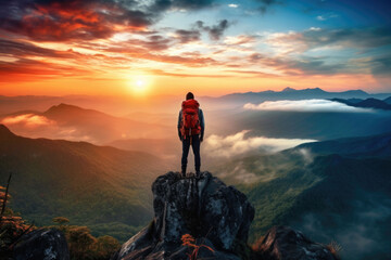 Fototapeta premium Tourist with backpack on the peak looks on the sunset. Sport and active life concept. Generative AI