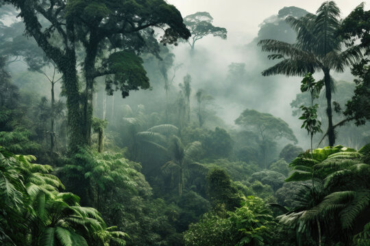 Rainforest landscape with trees and fog. Climate change and renewable energy. Generative AI