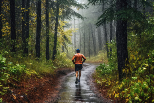 Man runner in sports jacket run forest trail in the rain, back view. Generative AI