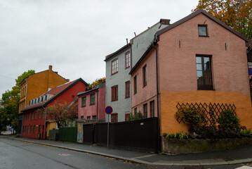 Wooden colorful small houses on Damstredet Street in Oslo, Norway