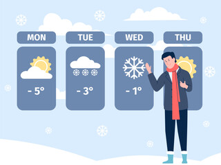 Weather tv news, winter forecast online. Digital broadcast with man in warm clothes. Sunny and snowy days, flat meteorology recent vector concept - obrazy, fototapety, plakaty