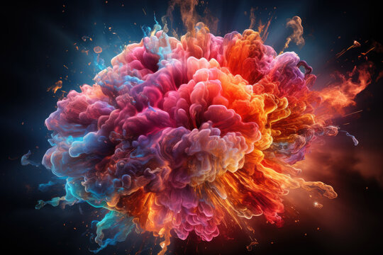 Illustration of a brain exploding in colors, symbolizing mind blown concepts. Generative Ai, Ai.