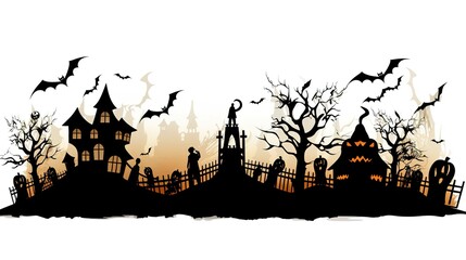 Fototapeta na wymiar Halloween, silhouettes of witches, bats, cats, houses and animals. Generative AI.