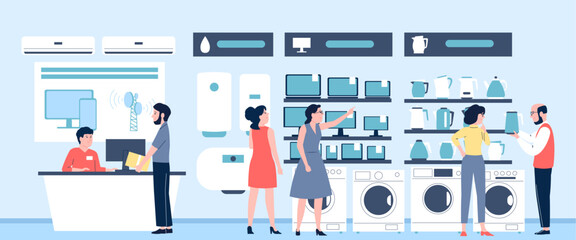Electronics store with counter and sellers. Electronic devices for home, kettles, wash machine and computers. Consumer choosing recent vector scene