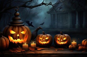 Halloween wallpaper with pumpkins and bats. Generative AI