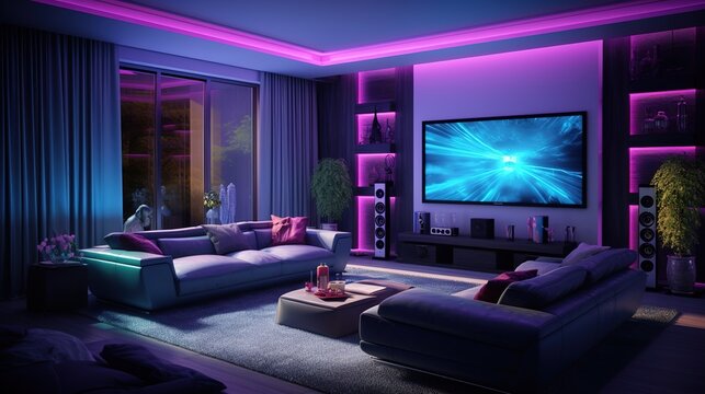 Home theater in the living room with neon lighting.Generative AI.