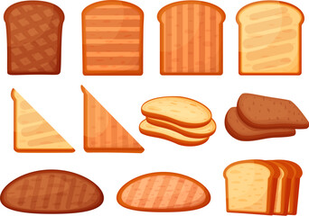 Toasts, bread toast cartoon elements. Toasted loaf slices, fresh isolated sandwich ingredients. Health bakery snack for lunch or breakfast, nowaday vector set - obrazy, fototapety, plakaty