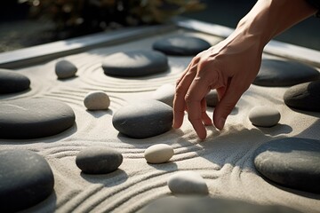 Close-up of hands arranging stones in a zen garden
