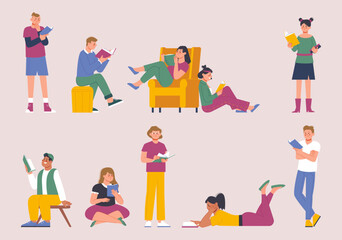 Fototapeta premium Young multicultural people reading books. Man woman reading, holding books. Readers, student in library. Educational splendid vector characters