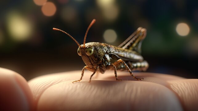 Photorealistic Painting Of A Grasshopper On A Hand