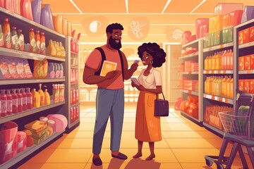 happy african american couple shopping together at the grocery store. flat illustration.Generative AI