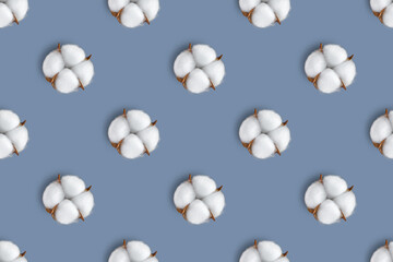 Cotton flower seamless pattern isolated on gray background. Top view, flat lay, wallpaper, backdrop