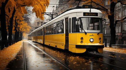 yellow city tram ai generated image - obrazy, fototapety, plakaty