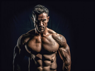 Fototapeta na wymiar Powerful adult bodybuilder on black background. concept of strength and health. Generative AI
