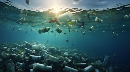 plastic garbage on the bottom of the sea ai generated image - obrazy, fototapety, plakaty