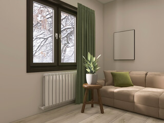 Living room interior with battery 3d render, 3d illustration