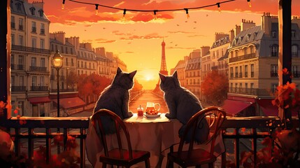cats at romantic dinner at sunset ai generated image