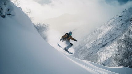 Winter skier and landscape of mountains. Generative AI