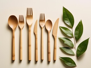 Wooden decomposable forks, spoons and knives on a light surface with green leaves.conceptual ecology and recycling problem.flat lay. Generative AI - obrazy, fototapety, plakaty