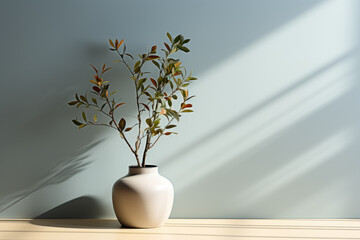 Vase holding a plant, placed on a table against a blank wall, creating a simple yet elegant composition. Generative Ai.