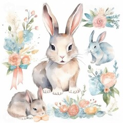 easter set watercolor drawing of rabbits on a white background. generated AI. 