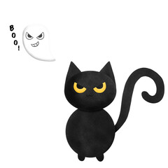 Watercolor Halloween black cat and white cute ghost isolate with background. Cute black cat and white ghost illustration	