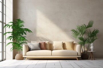beige sofa in a light, minimalist interior with green house plants. generated ai