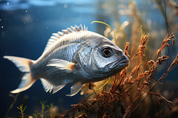 Saddled seabream, known as Oblada, gracefully swimming amidst seaweed in a captive aquarium, showcasing the wonders of marine life. Generative Ai.