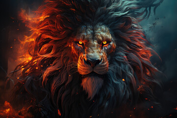 Fiery Lion depicted in a digital drawing, its mane glowing with vibrant hues. Generative Ai.