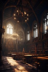 Fototapeta na wymiar medieval library, gothic reading room interior with desks, old mysterious castle, fictional interior created with generative ai