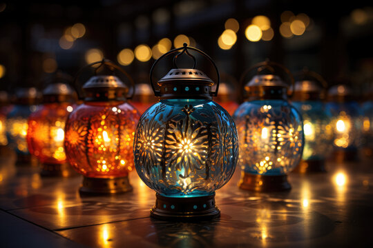 Array of traditional Arabic lamps available for sale at a bustling night market. Generative Ai.